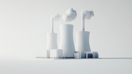 Minimalist 3D electric power plant in a cute, icon style, featuring cooling towers and small chimneys, with a crisp white background