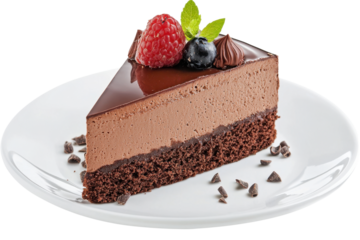 Indulge in a creamy chocolate cake slice topped with fresh berries and mint, perfect for dessert lovers and special occasions.