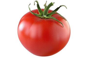 A single red tomato sitting on a white surface