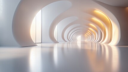Obraz premium An abstract, modern hallway with curved white walls lit with soft, yellow light.