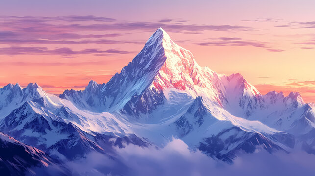 Panoramic view of the majestic himalayan mountain range with in foreground at sunset. Himalayan Mountains. Illustration
