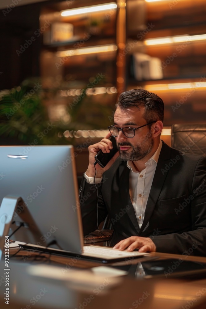 Poster a person sitting at a desk using a cell phone