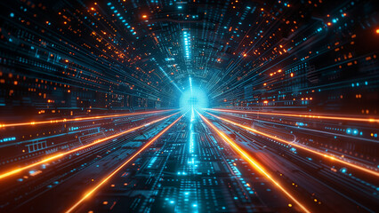Obraz premium Abstract art featuring a digital path towards a luminous light