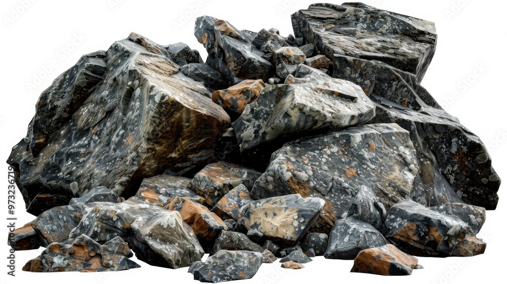 Poster a close-up shot of a pile of rocks on a white background