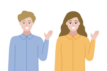 Set of smiling man and woman introducing. Business, presentation, information, guidance concept. Flat people character vector design illustration isolated on white background