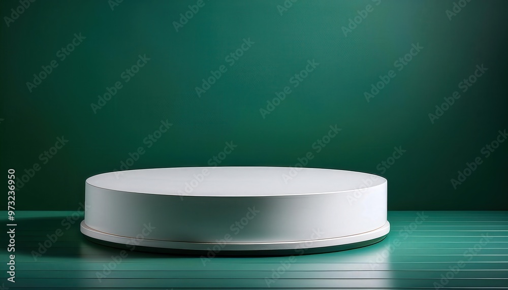 Poster minimalist white circular platform on a textured green wall background with subtle shadows, ideal fo