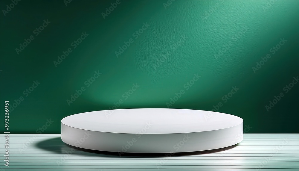 Aufkleber minimalist white circular platform on a textured green wall background with subtle shadows, ideal fo