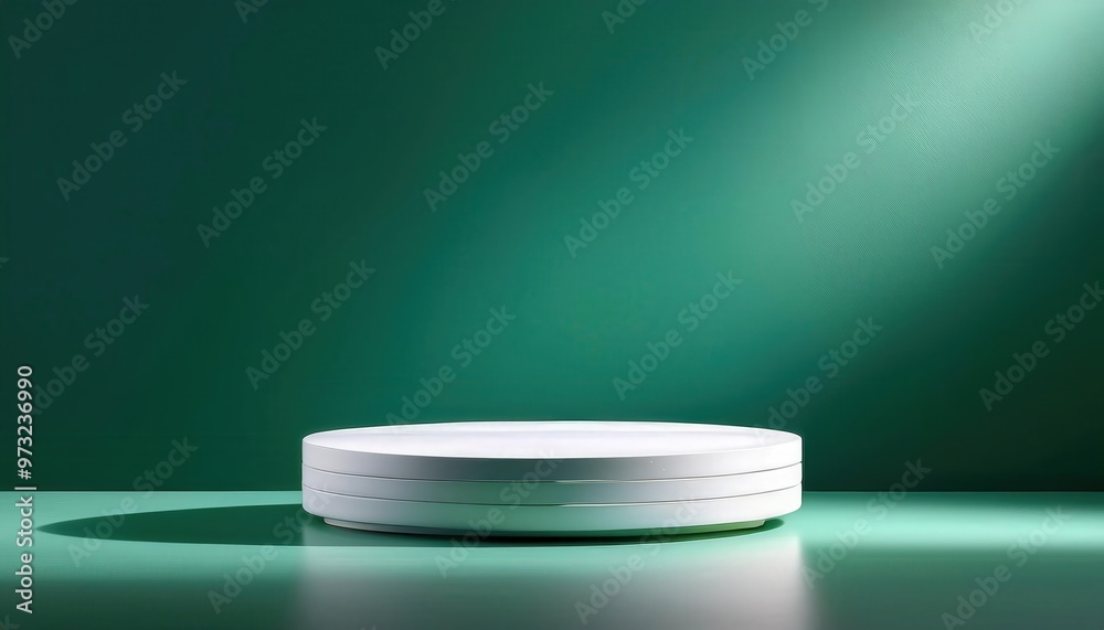 Leinwandbilder Minimalist White Circular Platform on a Textured Green Wall Background with Subtle Shadows, Ideal for Product Display, Branding, or Design Presentation in a Modern, Clean Space