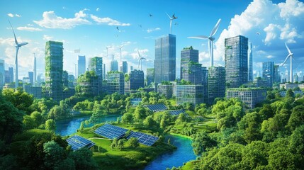 Naklejka premium A bright and uplifting city scene with skyscrapers covered in solar panels and wind turbines generating clean energy.