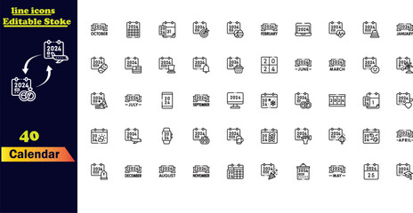 Stroke icon set for calendars 2024, including icons for date, schedule, month, week, appointment, agenda, organization, and events.