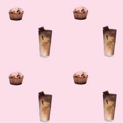 Seamless watercolor pattern with glasses of coffee and cupcakes. Watercolor illustration on pink background. For wrapping paper, packaging, printing