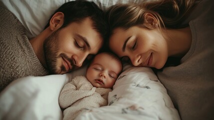 Family Portrait of a Newborn Baby Sleeping with Parents