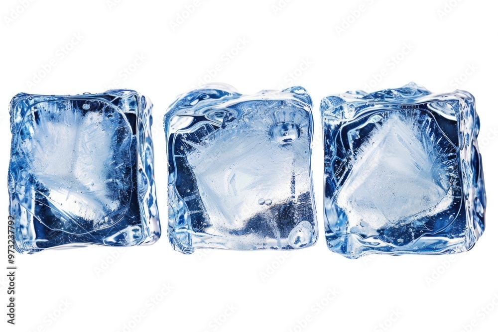 Poster three stacked ice cubes on top of each other, clear and transparent