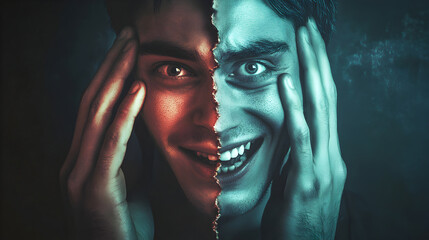 Fototapeta premium Man with dual colored split face expressing emotions