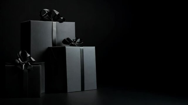 Black background with black elegant gift boxes and shopping bags.