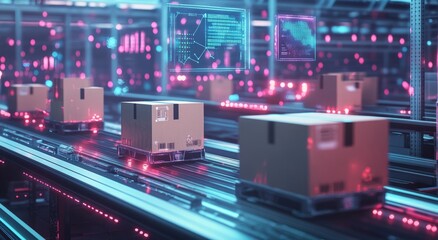 Fototapeta premium Digital rendering of cardboard boxes on a conveyor belt with digital, tech, and data icons overlaying the scene.