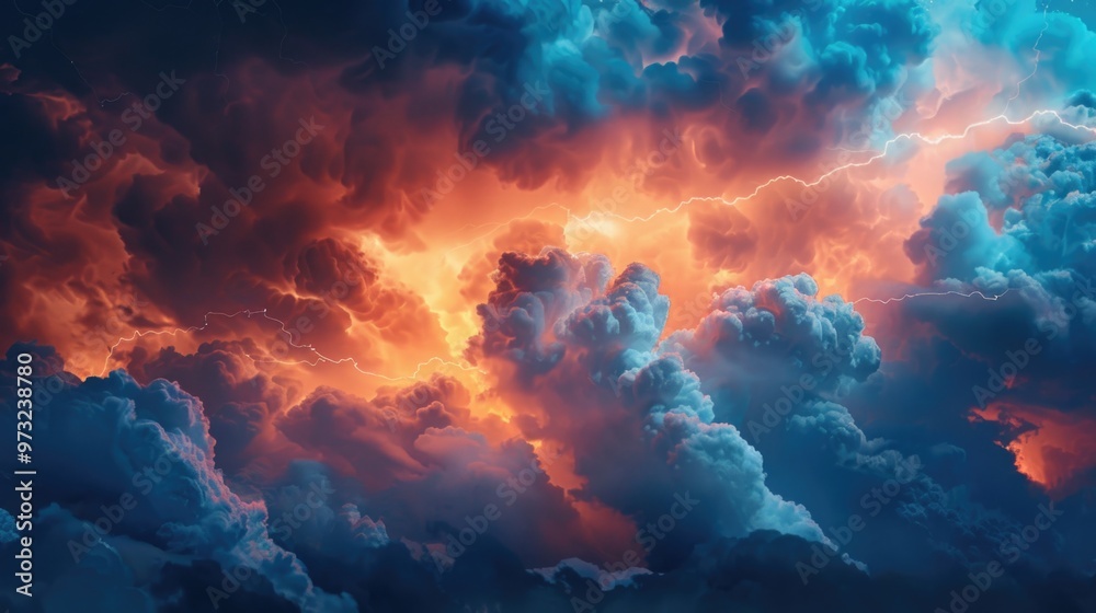 Poster a picture of a cloudy stormy sky with lightning, ideal for use in weather or atmospheric themed proj