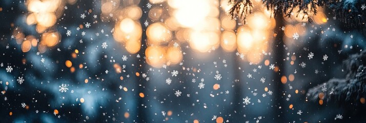 Naklejka premium falling snowflakes in front of blurry snow forest trees