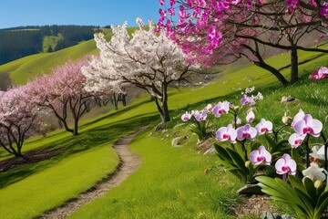 Fototapeta premium Exquisite Spring Landscape with Bright Orchids on Sunny Slopes