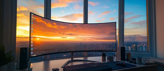 Fototapeta premium Curved computer monitor on a modern desk displaying a vibrant sunset over a city skyline seen through a window.