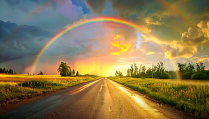 Empty asphalt road with rainbow - Nature landscape