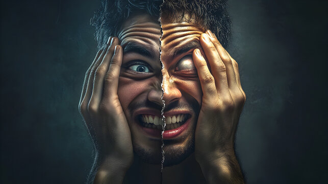 Highly expressive split face portrait showing the contrast between manic joy and dark torment, symbolizing the intense emotional spectrum of mental health challenges