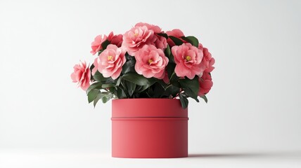 Camellia flowers in a contemporary red container for decoration