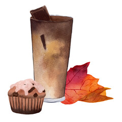 A glass of coffee with chocolate pieces, chocolate muffin and maple leaf. Watercolor illustration isolated on white background for design, menu, cards