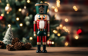 Christmas nutcracker figurine against beautifully decorated Christmas tree, personifying traditional style of Christmas decorations. Generative AI