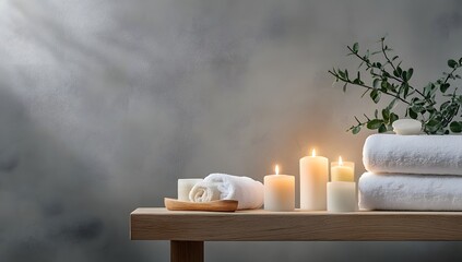 Spa accessory composition set in day spa hotel with luxurious products in a resort room
