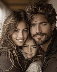 Family photo in a vintage frame with a sepia tone, creating a nostalgic atmosphere. 