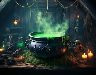 Hexenkessel mit sprudelnder gr&uuml;ner Fl&uuml;ssigkeit in einer H&uuml;tte. In einer dunklen, von Spinnenweben durchzogenen Hexenh&uuml;tte steht ein riesiger, schwarzer Kessel. 