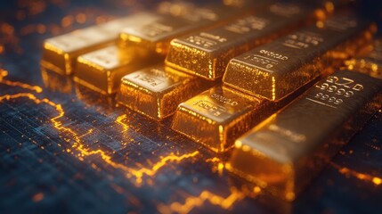 A close-up of gold bars arranged on a digital surface with glowing financial data lines, highlighting their value and wealth.

