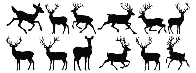 Deer silhouettes set, animal pack of vector silhouette design, isolated background
