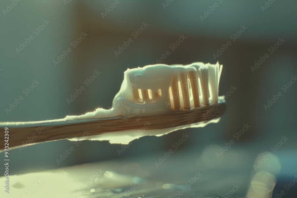 Poster Close-up of a toothbrush with toothpaste applied, ready for use