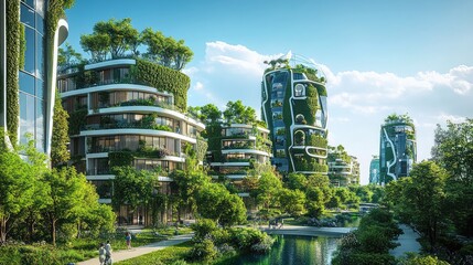 Obraz premium A picturesque zero-carbon city with solar-powered homes, vertical gardens, and car-free streets.