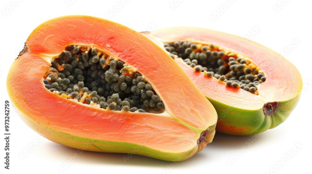 Poster fresh papaya cut into two halves, ready for use or display