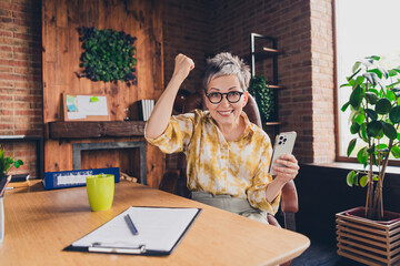 Photo of pretty senior female hold device winning deal contract wear formalwear coworking successful nice light office