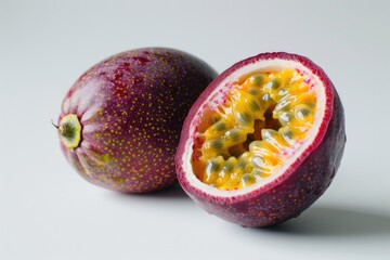 Two halves of a passion fruit on a white surface, perfect for food and travel photography