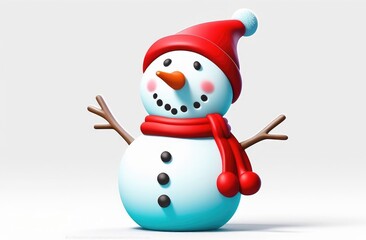 3d snowman smiling in red hat on a white background. New Year's card, poster. A place for the text.