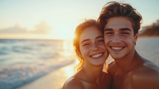 A couple is smiling and posing for a picture on the beach. The woman is wearing a bikini and the man is wearing a shirtless. Scene is happy and carefree