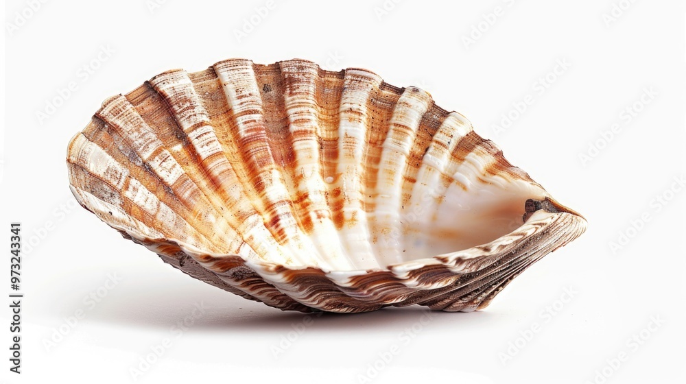 Poster a detailed view of a single shell on a white background, suitable for use in still life or nature-th