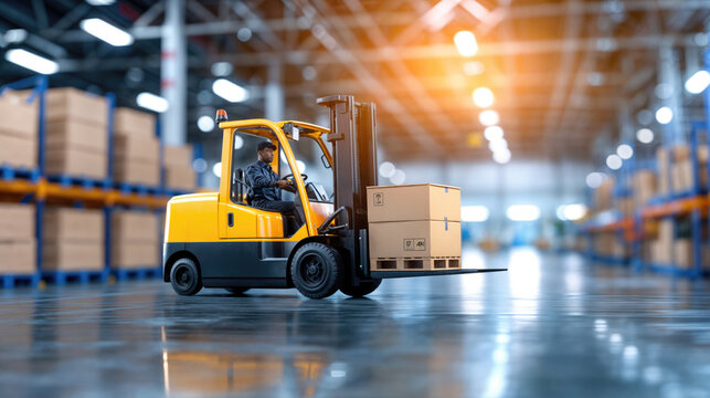Warehouse worker driving forklift and carrying boxes