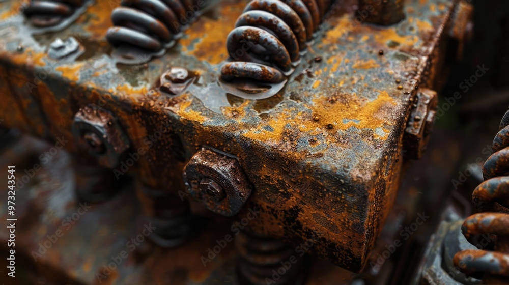 Poster A close-up view of a rusty metal object with multiple screws attached, ideal for use in DIY or repair contexts