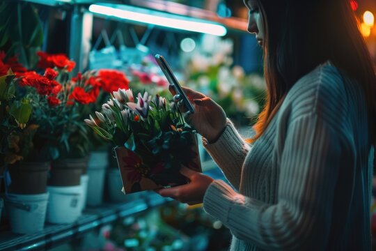 A woman browsing on her phone in a bright and colorful flower shop
