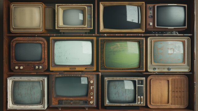 A collection of vintage televisions stacked high, perfect for decorative or nostalgic use