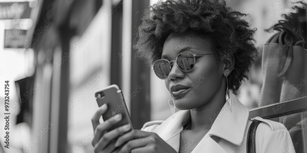 Poster A woman looks at her cell phone, wearing sunglasses