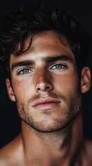 Obraz premium Young man with striking blue eyes and tousled hair poses against a dark background, showcasing facial features and expression