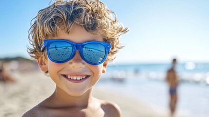 A young boy wearing blue sunglasses is smiling at the camera on a beach. The scene is bright and sunny, with the boy's sunglasses reflecting the light