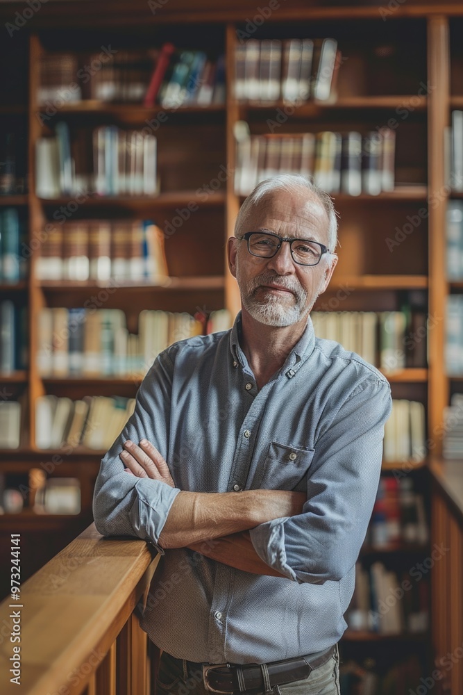 Aufkleber a person standing in front of a bookshelf in a quiet library, surrounded by books